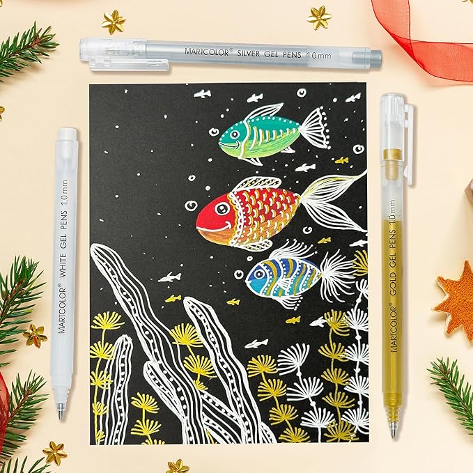 MARTCOLOR Gold Silver White Gel Pens, 1.0 Fine Point Opaque Archival Ink Pen for Black Paper Drawing, Art Highlight, Illustration, Bullet Journaling, Card Making & DIY Projects, 3 Pack