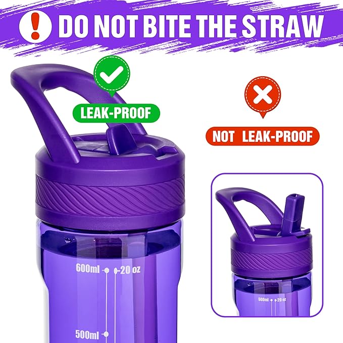 OLDLEY 20oz Kids Water Bottle with Straw, BPA-Free Tritan Water Bottle for School, Leakproof Clear Water Bottle with One Click Open, Measurement Scale, Cup Holder Friendly for Boys Girls,Deep Purple