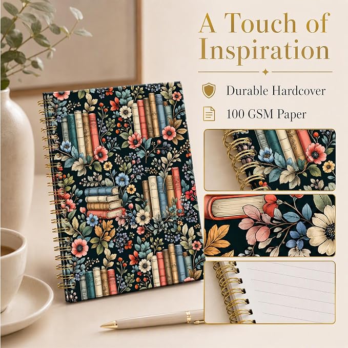 ATJFKIXL Cute Spiral Journal Notebook, A5 120 Page College Ruled Wirebound Notebook, Soft Cover for Students Office Notes and Planning - Floral Bookshelf