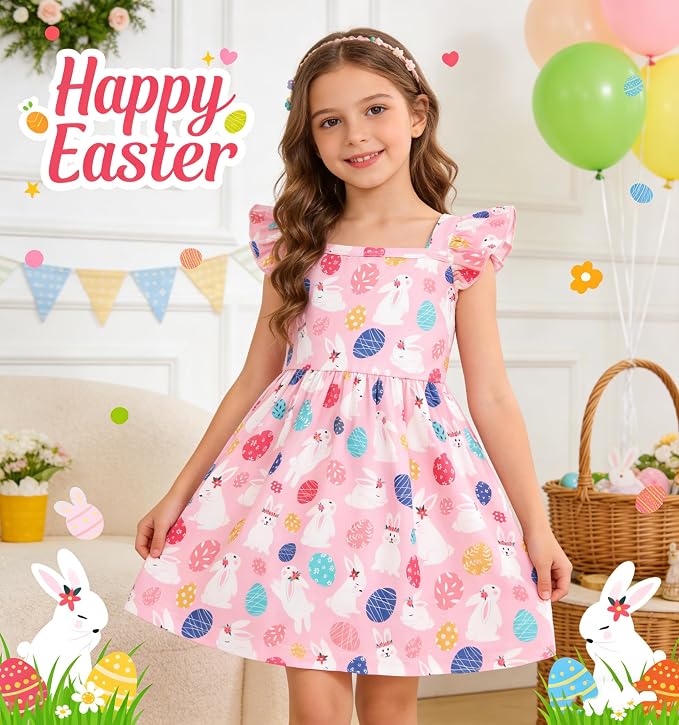 Popshion Girls Dresses Flutter Sleeve Swing Sundress Toddler Summer Clothes Kid Birthday Party Sleeveless Dress 1-8 Years Old