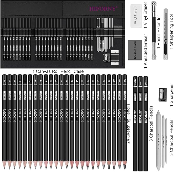 HIFORNY 36 PCS Sketching Drawing Pencil Set,Sketch Pencils Art Supplies with Graphite,Charcoal,Blending Tools,Accessories,Drawing Kit for Adults Artists in Canvas Roll Up Case