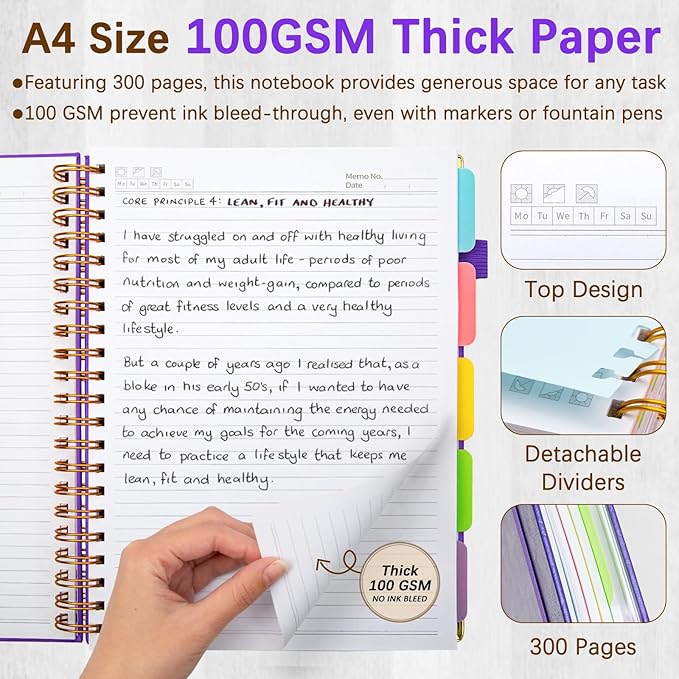 Hardcover Spiral Notebooks for Work 8.5''x 11'', 300 Pages 5 Subject Notebook with Dividers & Tabs, A4 Spiral Journal for Women, College Ruled Notebooks for School Note-Taking (Purple)