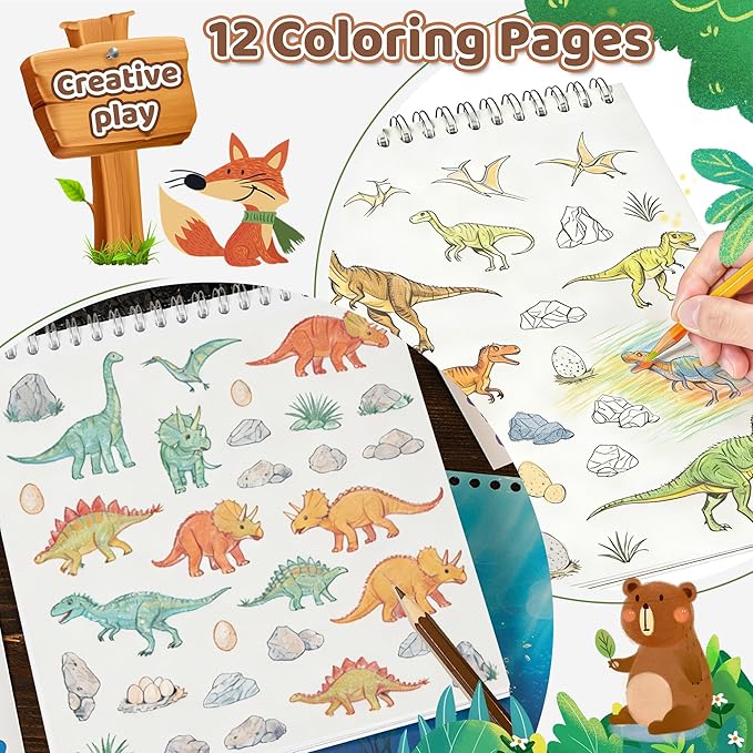Dinosaur Sticker Book for Toddlers 2-4 Years Sticker Activity Book for Kids with 12 Scenes & 12 Coloring Pages Toddler Travel Essential Quiet Time Activities