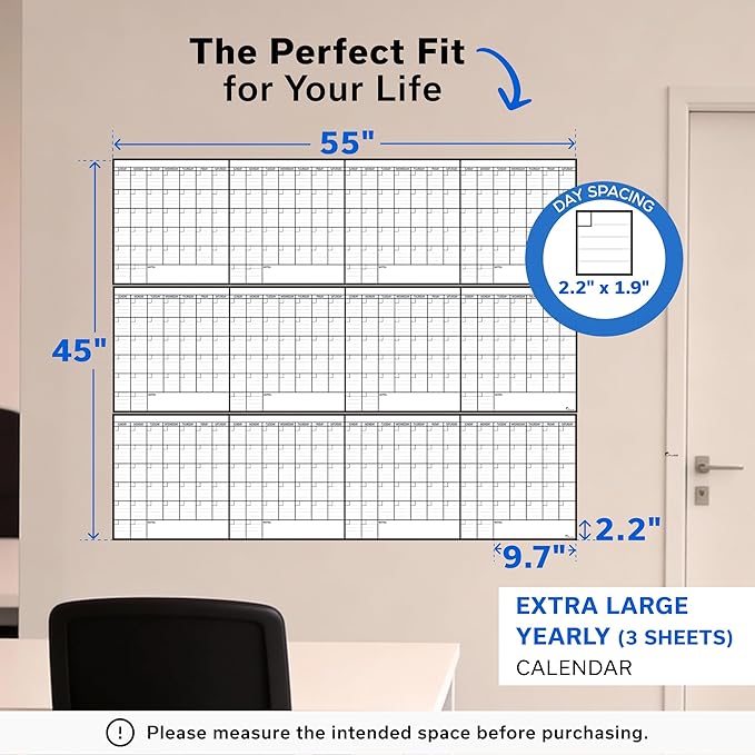 Dry Erase Year Calendar for Wall 45x55, Family Office Undated Yearly Annual Large, 12 Giant Erasable Month Wall Classroom, Rolled Whiteboard White Board, for Calendar Dry Planner Erase Reusable