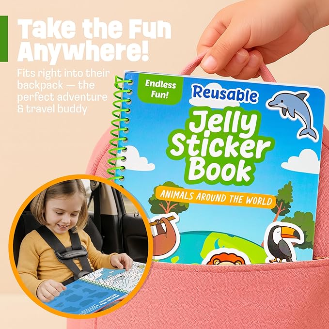 Reusable Sticker Book - Animals - 50 Jelly Stickers for Toddlers & Kids 3-5: Fun Toddler Travel Toys, Airplane & Car Activities for Kids - Sticker Books for Toddlers 3 Years Old, Toy Gifts for 1-3 2-4