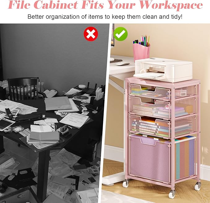 Sbanmao 4 Drawer Rolling File Cart Under Desk Storage, File Cabinets for Home Office, Mobile Filing Cabinet, Hanging File Organizer with Wheels, Utility Cart Printer Stand, Pink