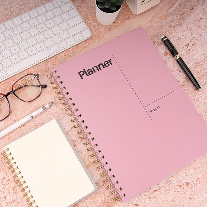 Undated Weekly Planner, 8.5" x 11", Dashboard Layout with Yearly Review, Monthly Calendars, & Weekly To Do List, Spiral Bound Organizer for Work, Study & Life (Pink)