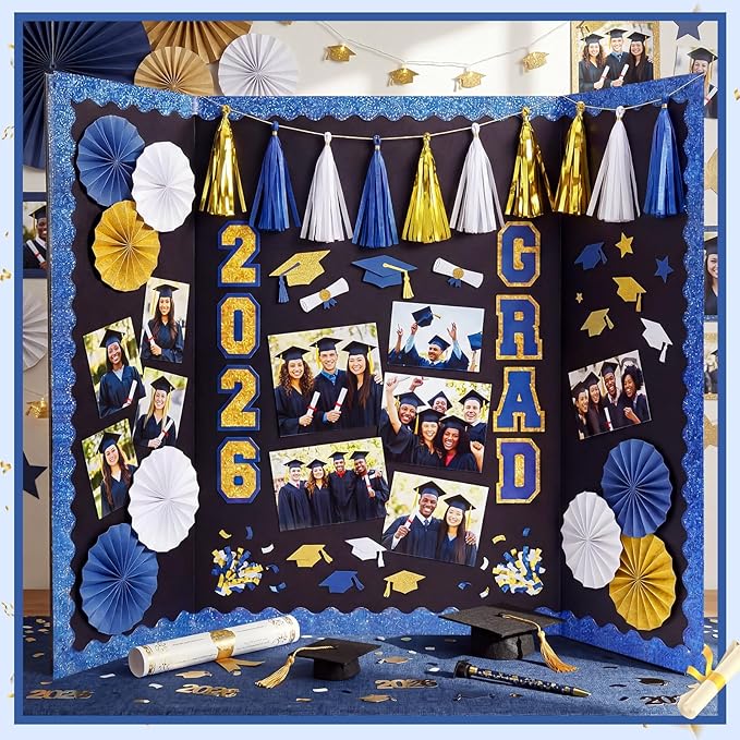 31 Pcs Graduation Photo Display Board Decoration 40"x28" Trifold Poster Board Graduation Themed Stickers Grad Fan Tassel Garland for 2026 Grad Party College Picture Frame(Blue Gold Silver)