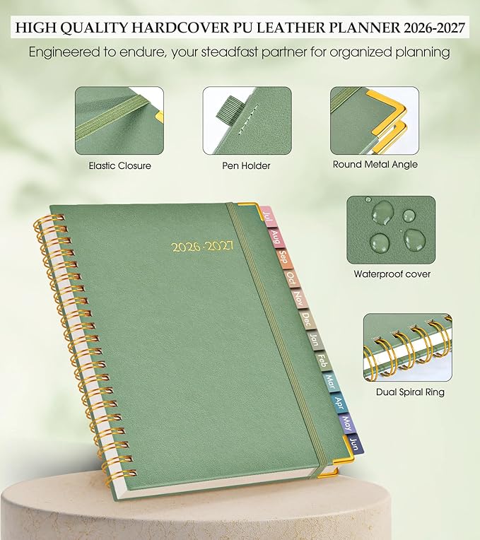 Academic Planner 2026-2027, Hardcover Leather Weekly and Monthly Calendar Planner from July 2026 - June 2027, A4 8.5" x 11" Daily Agenda with Tabs, College School Organizer for Student Teacher, Green