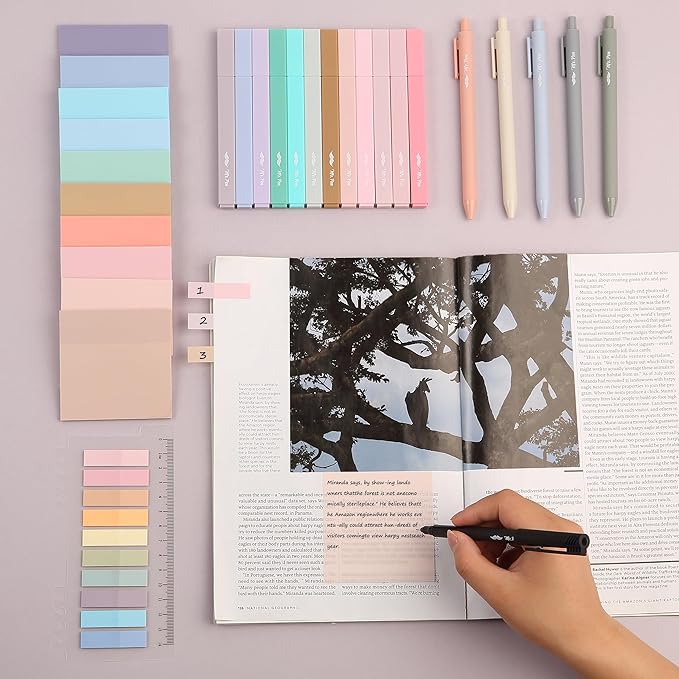 Mr. Pen- Aesthetic Book Annotation Kit, 38 pcs, 12 No Bleed Aesthetic Highlighters, 5 Gel Pens Black Ink, 700 Transparent Sticky Notes & Tabs for Study, Bible Journaling, Planner, Mothers Day Gift