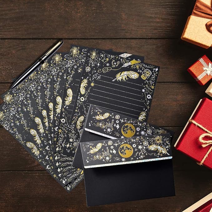 A5 Small Gold Foil Lined Stationary Paper and Envelopes Set,16 Sheets Black White Feather Lined Letter Writing Paper Cute Stationery Paper Set,Writing Printer Paper Decorative Paper