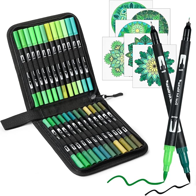 Green Dual Tip Brush Pen,Colored Fine & Brush Calligraphy Pens, Dual Tip Green Markers for Adult Coloring Felt Tip Books Drawing Planner Calendar Art Sketch Outlining Sketching Calligraphy