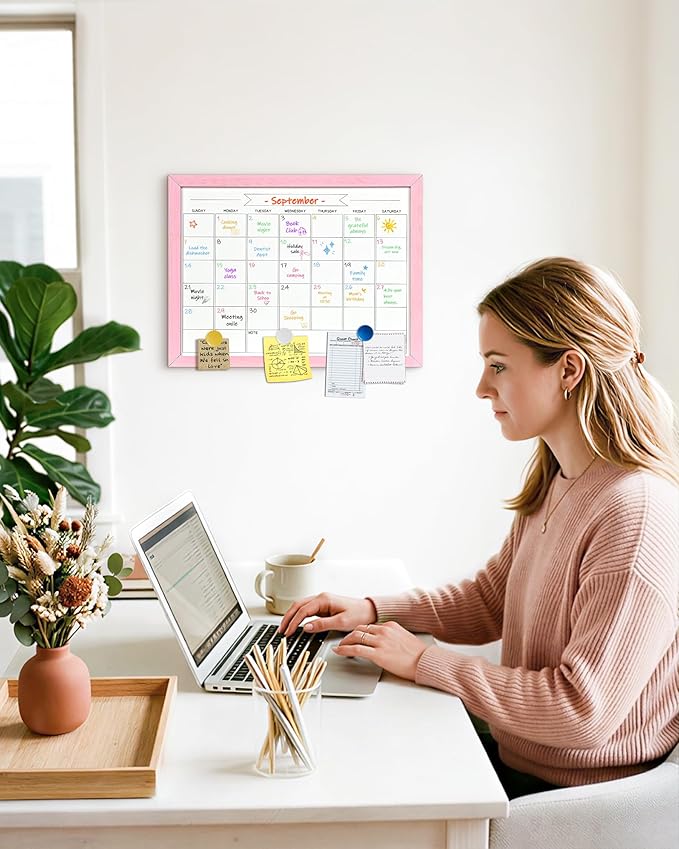 TORASO Dry Erase Monthly Calendar Board, Magnetic Whiteboard for Wall, Office/School/Home, Solid Wood Pink Frame Hanging Board 13"x 17"(YL-Pink-3343-B)