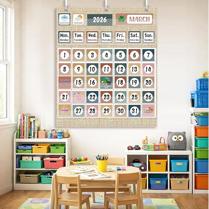 Tinlade Classroom Calendar Pocket Chart Set with 115 Cards 24 x 28 Inch Modern Neutral Calendar Bulletin Board Pocket 2026-2033 Festival Weather Teacher Supplies for Classroom Wall Decoration