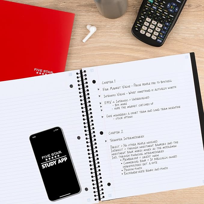 Five Star Advance Spiral Notebook + Study App, 1 Subject, College Ruled Paper, 8-1/2" x 11", 100 Sheets, Spiral Guard, Movable Tabbed Dividers, Black (820012A-ECM)