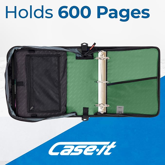 Case-it Mighty Zip Tab School Zipper Binder | 3-Inch O-Rings, 600-Sheet Capacity, 5-Subject Expanding File Folder, Multiple Pockets & Storage Organizer, Shoulder Strap | D-146 Canopy Green