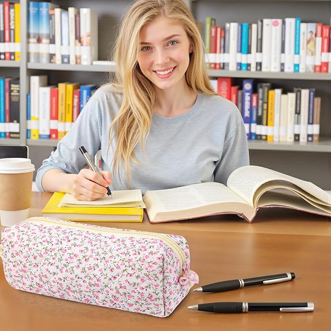 Cute Quilted Pencil Case for Girls Women, Aesthetic Small Floral Pencil Pouch,Slim Soft Pencil Bag for School Supplies Makeup Pouch for School & Daily Use (pink floral)