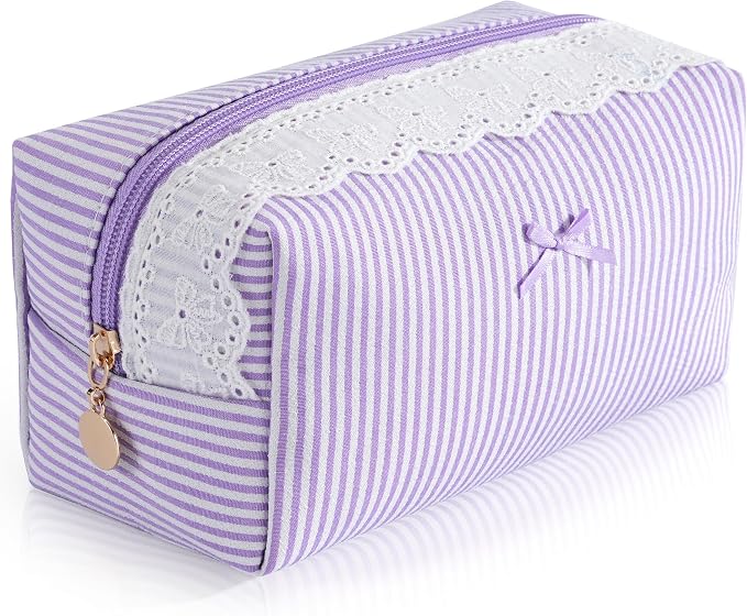 Makeup Bag Travel Toiletry Bag for Women, Small Cosmetic Bags with Lace Trim Cute Purple Stripe Aesthetic Organizer Makeup Pouch for Purse Emergency Bag Pencil Case Accessory Bag