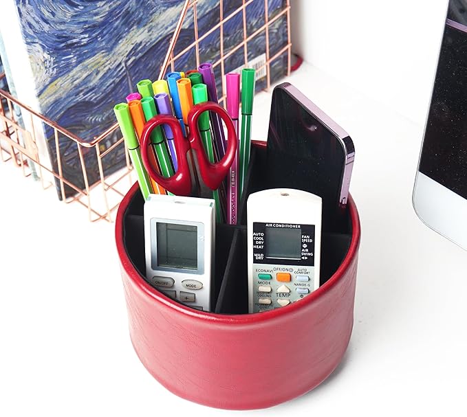Round Leather Art Supply Organizer,Remote Control Holder,360 Degree Spinning,Multi-Functional Pencil Holder,4 Compartments Desktop Stationary Organizer(1-Oil Red)