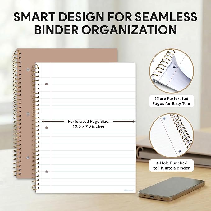Decorably 5-Pack 140 Pages Gold Foiled Spiral Note Books College Ruled, 8x10.5in Spring Bound, 3-Hole Punched and Easy Tear-Off Perforated Design, Lined Pages - Work, School, Office