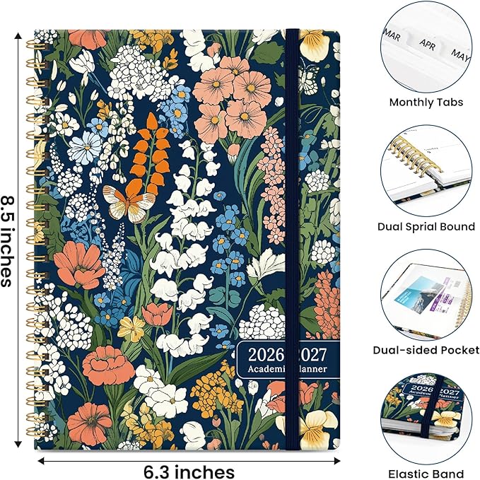 Planner 2026-2027, Hardcover Monthly and Weekly Academic Planner July 2026 - June 2027, Teacher and Student Calendar Agenda Book with Tabs, A5 (6.3" x 8.5"), Ideal for School and Office, Botanical Tapestry