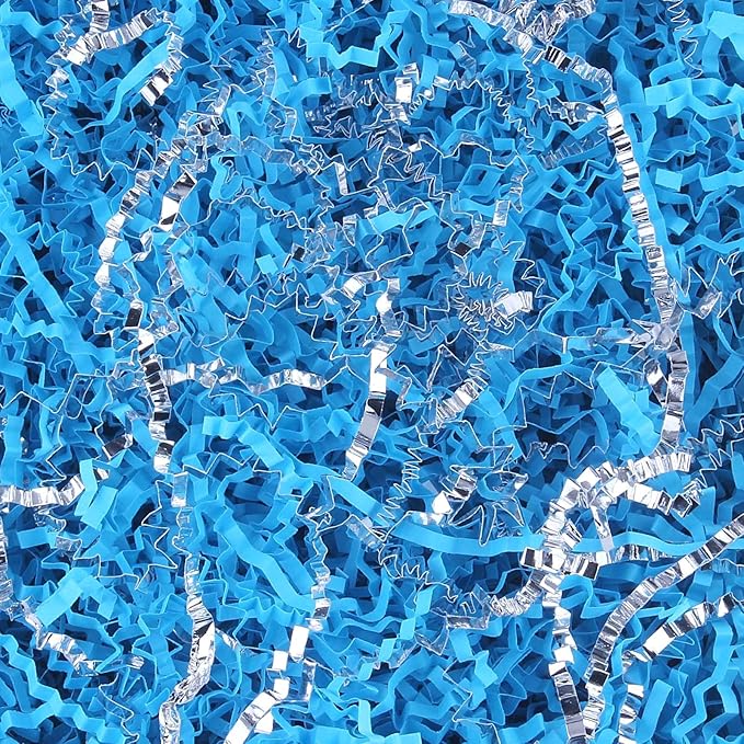 TANMWZK Crinkle Cut Paper Shred Filler 1 LB Gift Wrapping & Gift Basket Filler for Christmas,Halloween & Wedding Decorations,Easter Basket Grass Filler,Crafting Activities (Lake Blue and Silver)