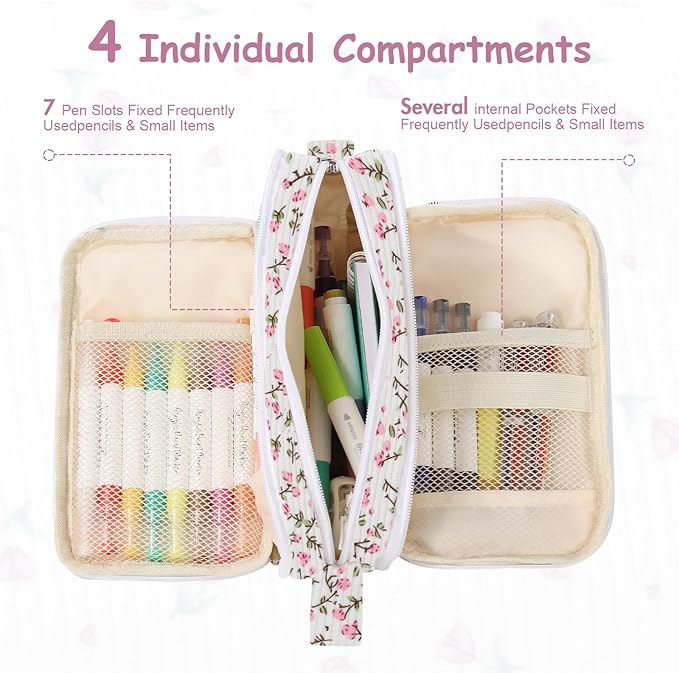 BuyCard Big Capacity Pencil Pouch, Pink Floral Corduroy 4-Compartment Pen Bag, Aesthetic Stationery Organizer for Teen Girls Women, Must-Have for Teacher, Makeup & Electrical Goods Storage Case
