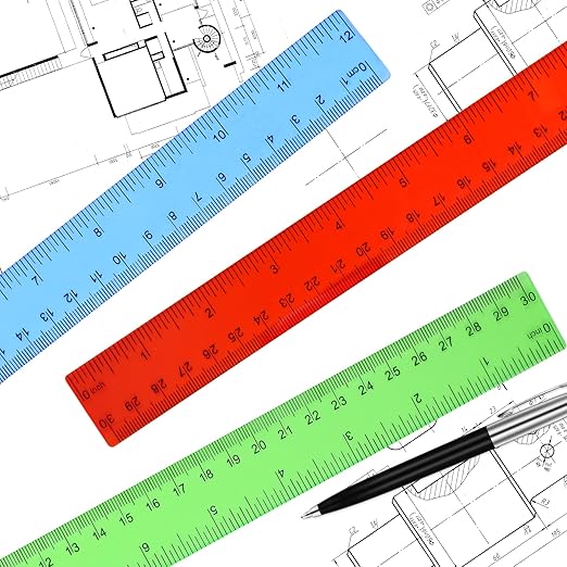 Unjoo Clear Plastic Ruler 12 Inch Straight Rulers, Bulk Assorted Colors, Shatterproof Ruler with Inches and Centimeters for School Classroom, Home, or Office (8 Pack)