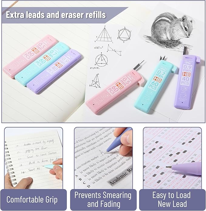 Mr. Pen- Pastel Mechanical Pencil Set with Lead Refills & Erasers, 6 Pack, 3 Sizes, 0.5 0.7 & 0.9mm, 6x Tubes HB Lead Refill, 3x Eraser for School Supplies, Students, Drafting, Drawing & Sketching