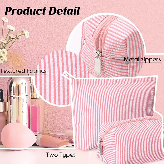 Huhumy 2 Pcs Makeup Bag Set for Women, Rose Pink, Thin Striped Seersucker | Cute Cosmetic Pouch Women Travel Toiletry Bag Preppy Small Makeup Purse Pouch Aesthetic Skincare Brushes Storage Organizer