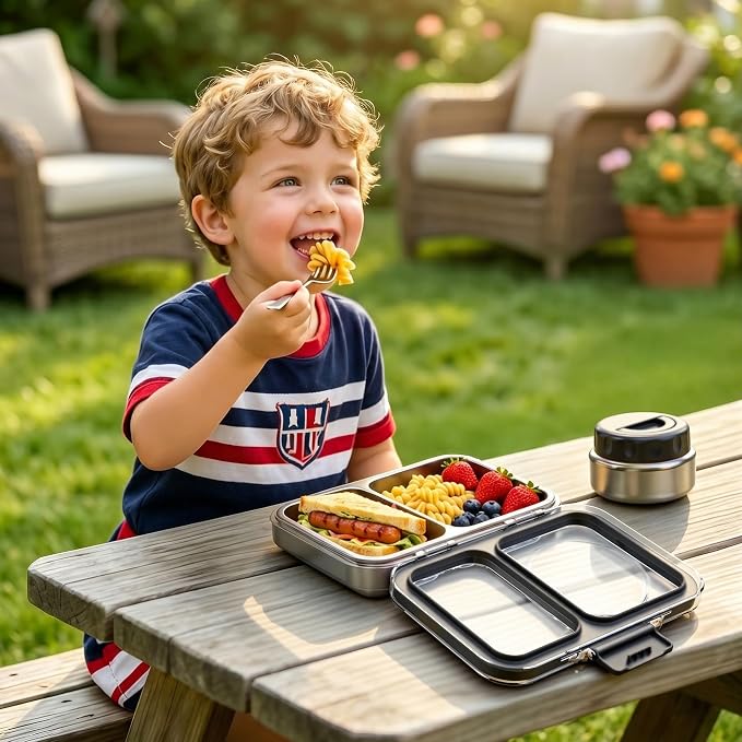 HOMEKOL Stainless Steel Bento Lunch Box + 9.5oz Insulated Food Jar, Black | 2-Compartment Leak-Proof Container for Kids & Adults, BPA/BPS-Free, 18/8 Metal, Dishwasher Safe, Clear Tritan Lid