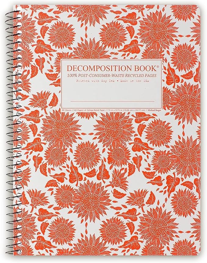 Decomposition Sunflowers College Ruled Spiral Notebook - 9.75 x 7.5 Journal with 160 Lined Pages - 100% Recycled Paper - Cute Notebooks for School Supplies, Home & Office - Made in USA