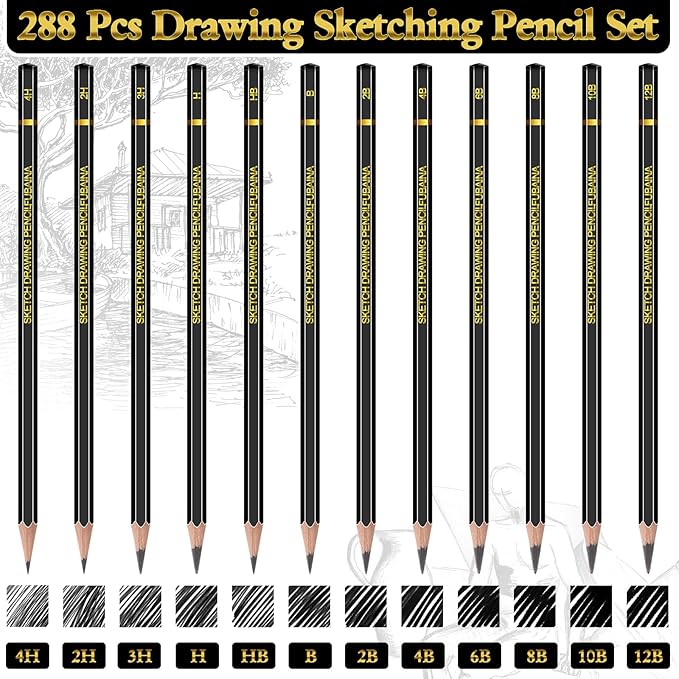 288 Pcs Drawing Sketching Pencil Set Professional (12b - 4h) Graphite Charcoal Gift Bulk for Artists Beginners, Pro Artists, Drawing Art, Sketching
