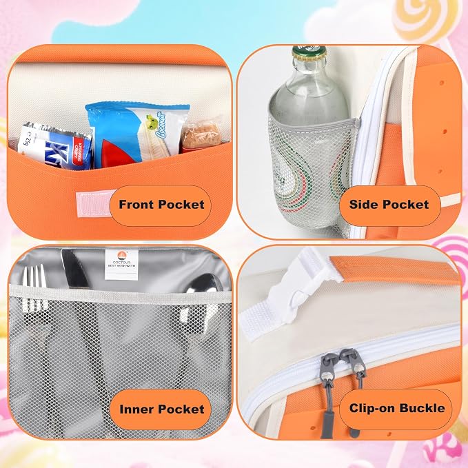 CaCTOUR Lunch Box Kids,Fun Color Lunch Box for Girls,Large Soft Cooler Lunch Bag for Kids,Back to School Thermal Insulated Lunch Tote Bag for School Daycare Outdoor (Orange Beige)