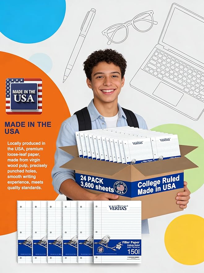 Loose Leaf Paper College Ruled, 8" x 10.5" Binder Filler Paper, 3 Hole Punched Notebook Paper, 3600 Sheets Total 24 Pack 150 Sheets/Pack, Bulk School & Office Supplies, Made in USA