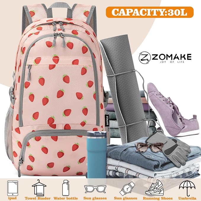 ZOMAKE Lightweight Packable Backpack 30L, Foldable Travel Hiking Daypack | Water Resistant Collapsible Backpacks, Folding Day Pack for Outdoor Camping Sport, Everyday Carry(Strawberry print)