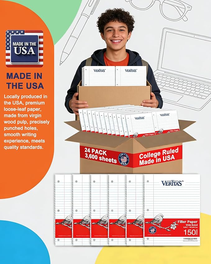 Loose Leaf Paper Wide Ruled, 8" x 10.5" Binder Filler Paper, 3 Hole Punched Notebook Paper, 3600 Sheets Total 24 Pack 150 Sheets/Pack, Bulk School & Office Supplies, Made in USA