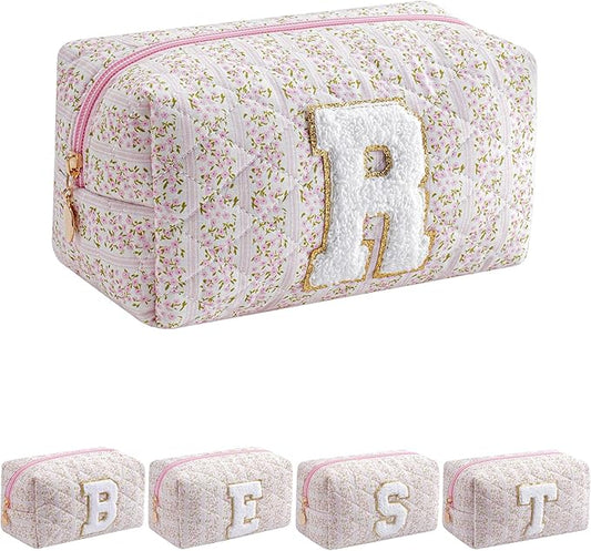 JOVAKIT Alphabet Makeup Bag Cosmetic Bag for Women, Christmas Gifts for Girls Age 6-18, Floral Flowers Coquette Travel Toiletry Zipper Make Up Pouch Organizer Trendy Stuff (Pink Floral R)