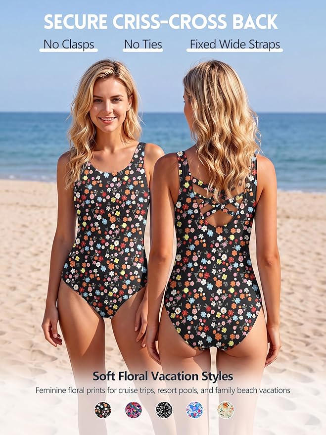 Modest Full Coverage One Piece Swimsuit Floral Bathing Suit Criss Cross Back Swimwear with Built-in Bra