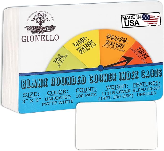 100 Unruled 3x5 Index Cards Blank White Heavy Rounded Corners -Study Note Cards, DIY Flash Cards, Message Notecards, Recipe Cards -Unlined Bleedproof for Handwriting Heavyweight Cardstock -Made in USA