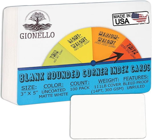 100 Unruled 3x5 Index Cards Blank White Heavy Rounded Corners -Study Note Cards, DIY Flash Cards, Message Notecards, Recipe Cards -Unlined Bleedproof for Handwriting Heavyweight Cardstock -Made in USA