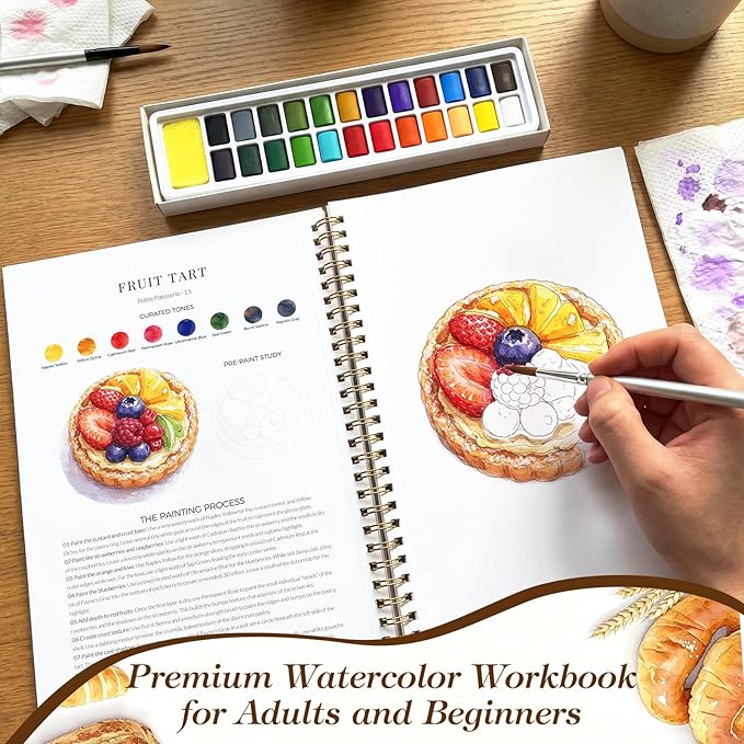 Watercolor Workbook for Beginners,18 Petite Patisserie Baking Water Coloring Book,Relaxing & Easy to Paint Water Coloring Book with 24 Colors-Perfect for Gifting to Creativity & Joy for Adults