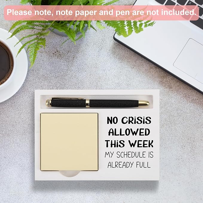 Funny Desk Note Holder for Office Women Men, No Crisis Allowed This Week, White Wood Sticky Note Tray Organizer, Humorous Coworker Gift, Work Desk Accessories for Professionals - FTB314