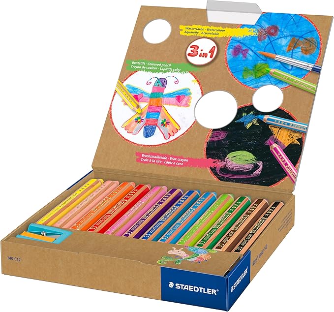 STAEDTLER Noris Junior 3-in-1 Jumbo Coloring Pencils: 12 Count - Colored Pencil, Wax Crayon, & Watercolor Pencil All In One, Toddler & Preschool Art for Ages 2+, With Sharpener, Non-Toxic, Easy Grip