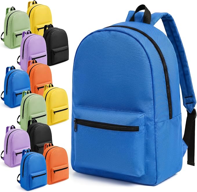 12 Pack Backpacks Bulk, 17 Inch Lightweight Bookbags in 6 Colors，Wholesale Backpack for Back to School Supplies