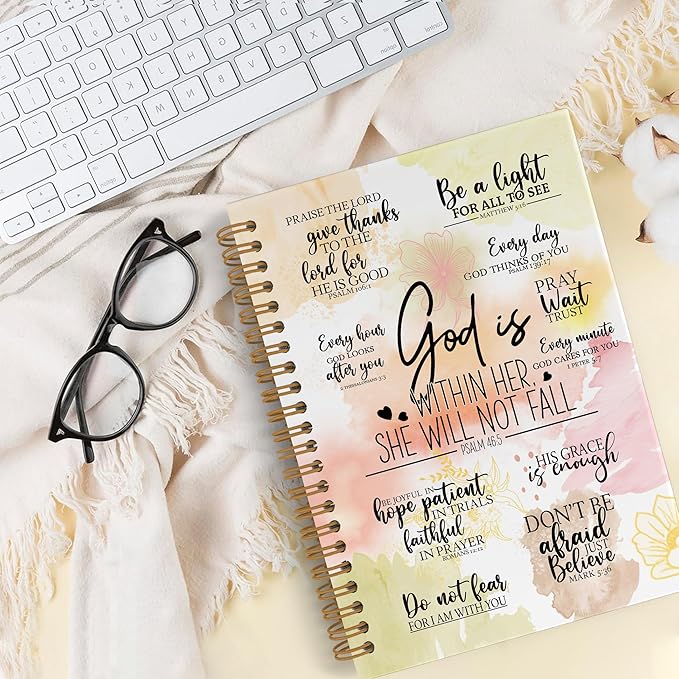 QLMX Christian Gifts for Women Spiral Notebook, God Is Within Her She Will Not Fall A4 Journal Notebook, Bible Verse Notebooks for School Work, Inspirational Religious Office Supplies Gifts, 8.3x11.7