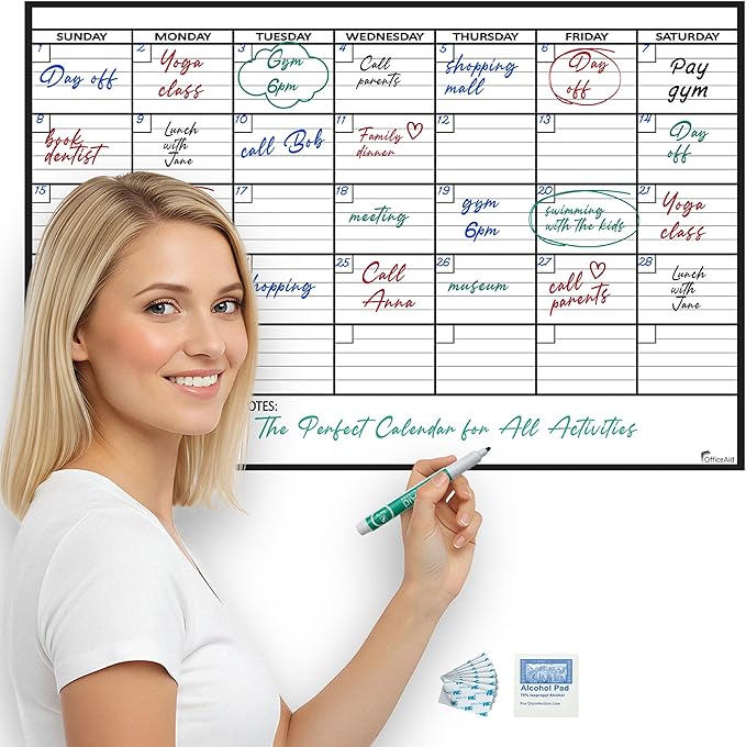 Small Dry Erase Calendar for Wall 17x26, Blank Office Reusable Family Month, Write Schedule Monthly Planner Erasable, Rolled Whiteboard White Board, Classroom Calendar Undated Dry Erase for Wall Kids