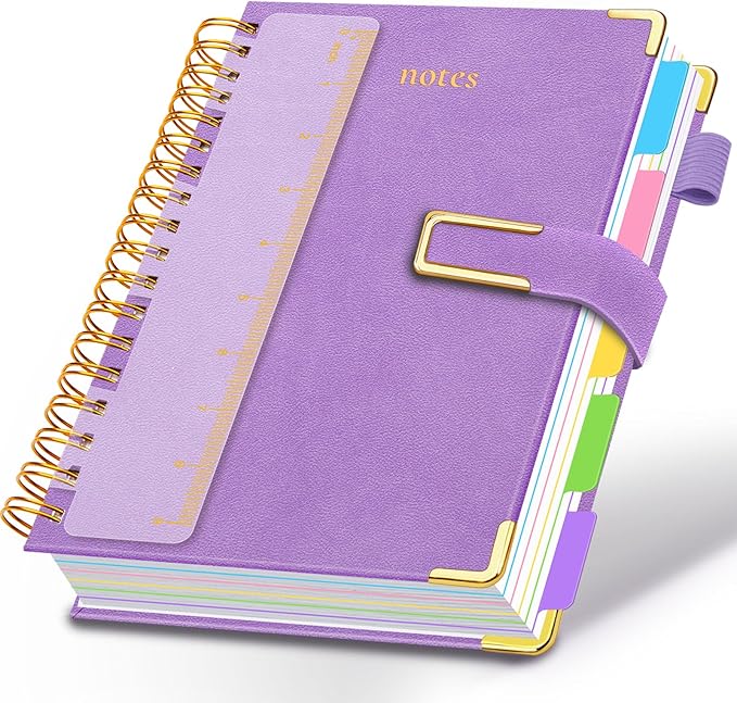 Hardcover Spiral Notebook College Ruled, 8"x10" Leather Journal Notebook with Magnetic Closure, 300 Pages 5 Subject Notebook with Dividers Tabs Journal for Women Men, Work, School(Lavender Purple)