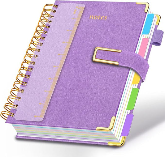 Hardcover Spiral Notebook College Ruled, 8"x10" Leather Journal Notebook with Magnetic Closure, 300 Pages 5 Subject Notebook with Dividers Tabs Journal for Women Men, Work, School(Lavender Purple)