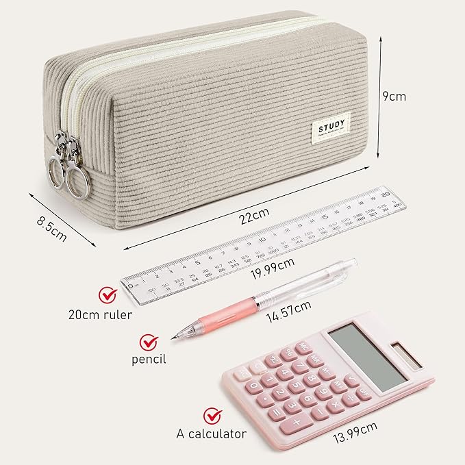 KALIDI Large Pencil Case Corduroy Pencil Pouch Box Cute School Supplies for Teen Girls Boys, Grey